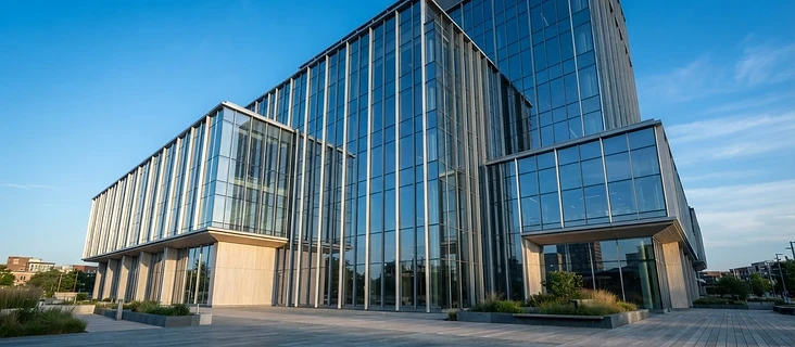 Modern glass and steel architecture reflecting a clear blue sky