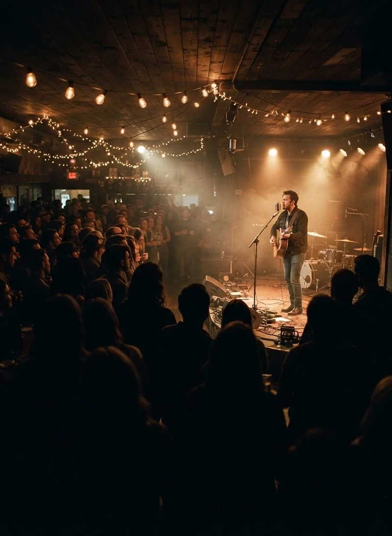 Packed barroom crowd under warm amber stage light