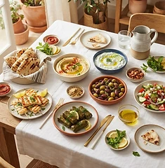 Mediterranean mezze spread with hummus, olives and warm pita
