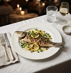 Whole grilled branzino plated with lemon and herbs