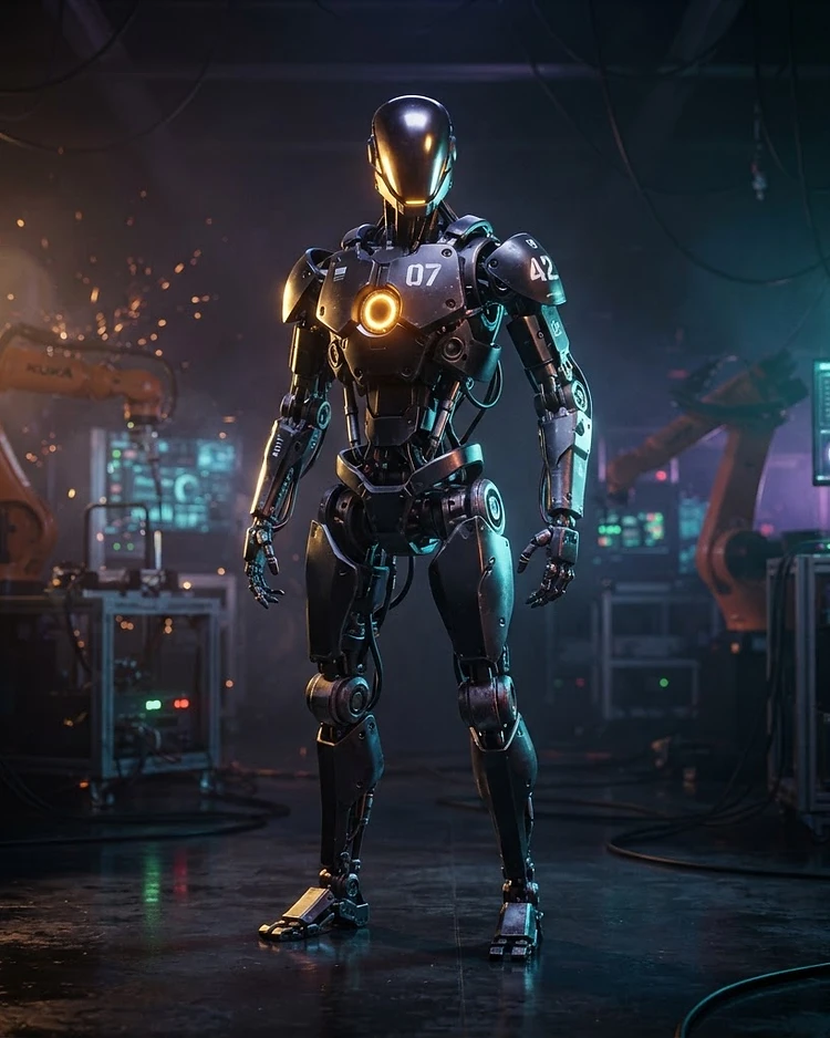 Lean armored humanoid robot with numbered unit markings standing in a dark robotics laboratory
