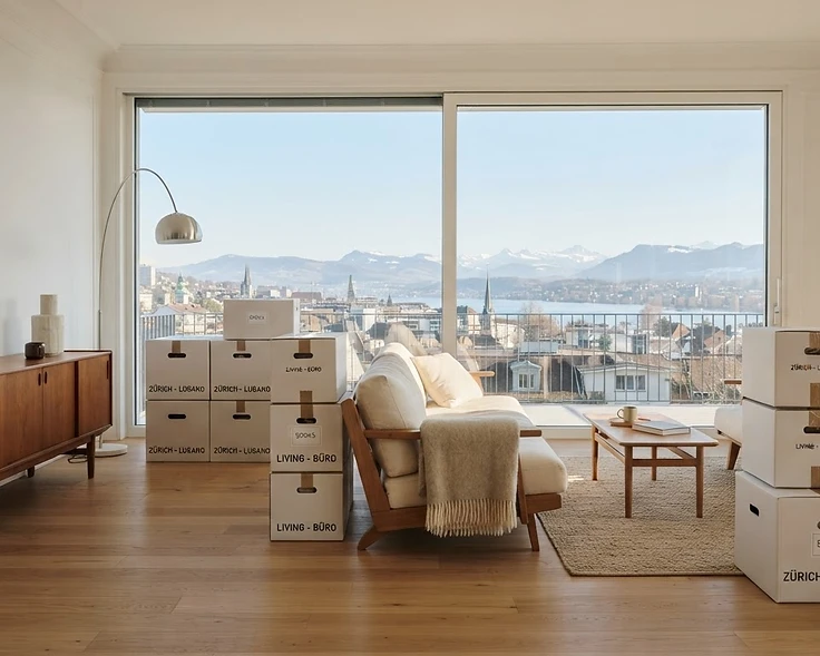 Bright Zurich apartment with moving boxes