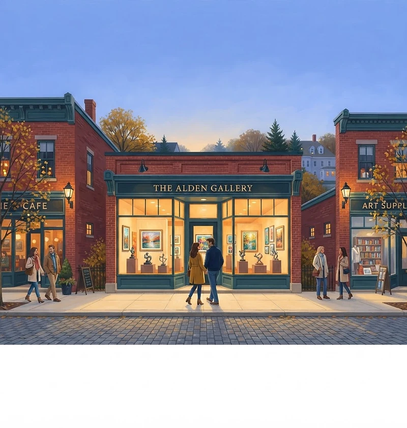 Painterly evening map of downtown Farmington’s glowing gallery storefronts