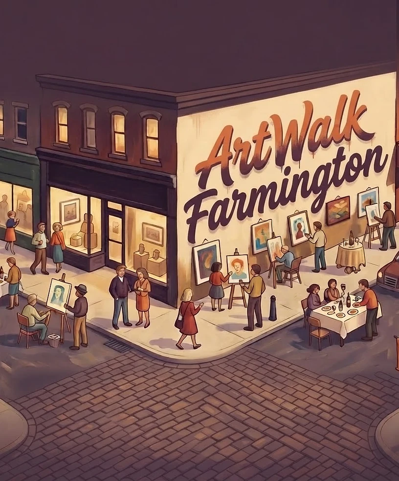 Illustrated downtown gallery with an ArtWalk Farmington mural