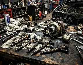 Removed injectors and turbo on the workbench, phone snapshot