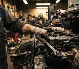 Gloved hand tightening a bolt on a truck engine