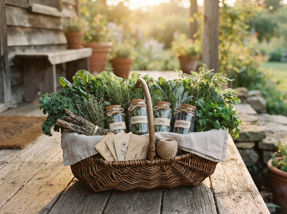 A basket of seasonal produce and preserved herbs