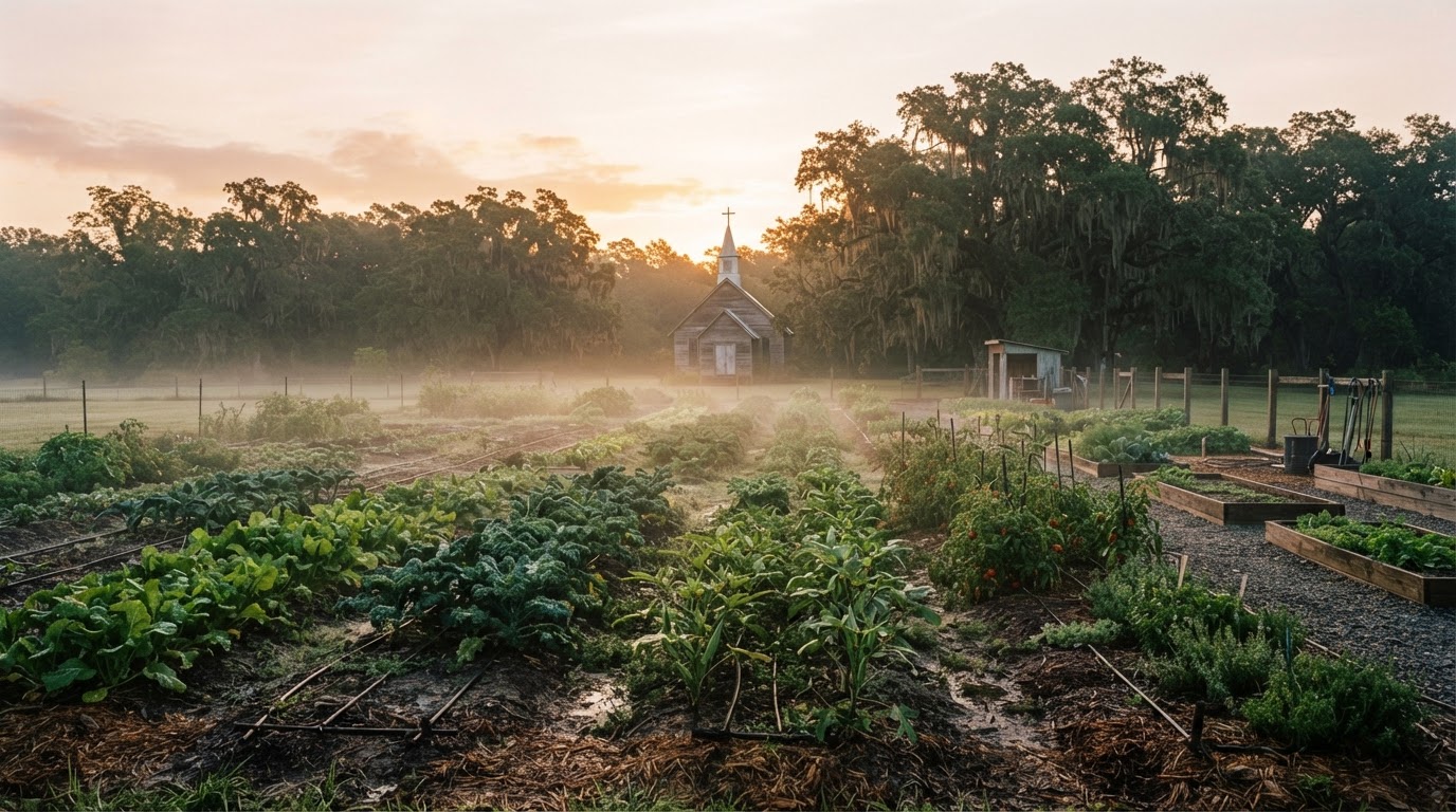 A Louisiana community garden at dawn with a distant church steeple