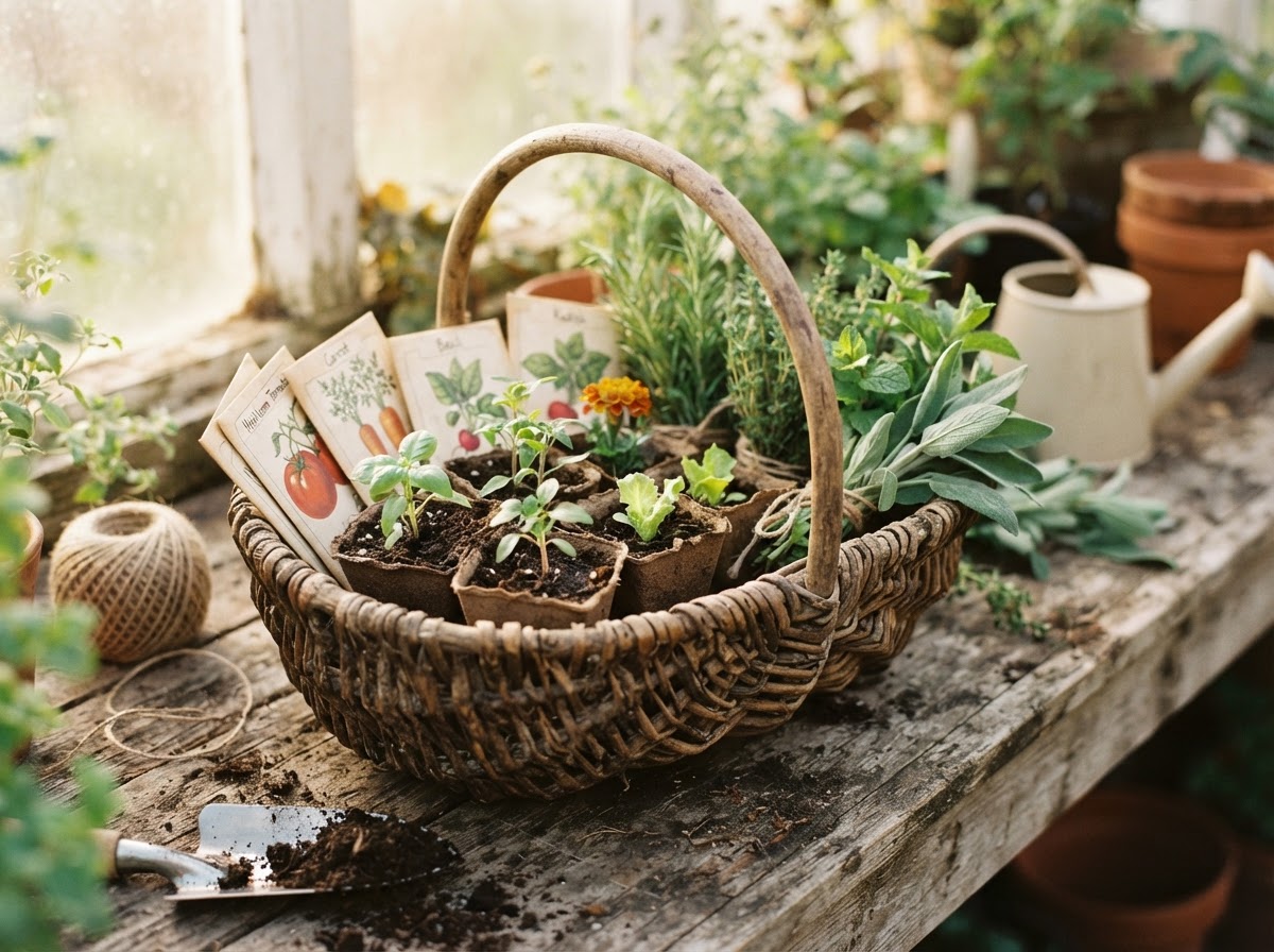 A grower basket with seed packets and baby plant seedlings