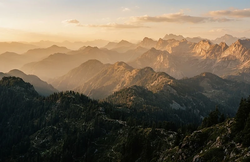 A vast mountain range at golden hour
