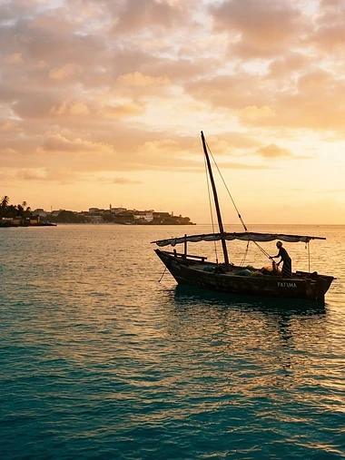 A dhow drifting off the coast, Zanzibar