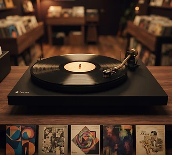Records and a turntable in a welcoming music shop