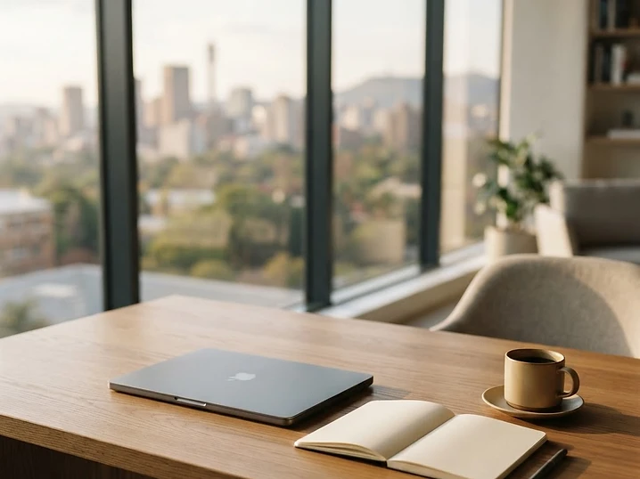 Clean modern workspace with architectural glass office