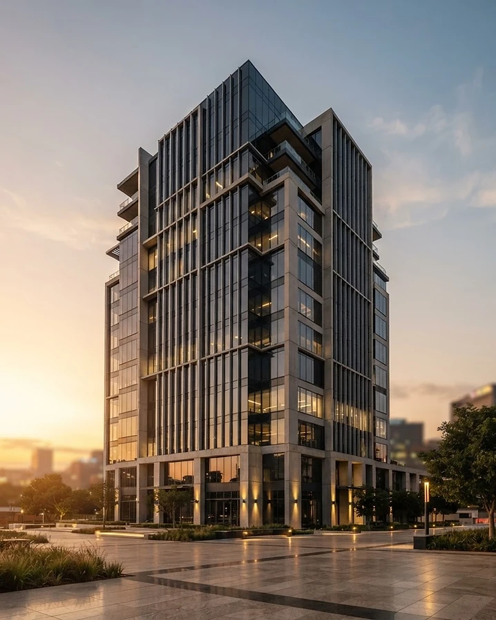 Modern African business architecture at golden hour