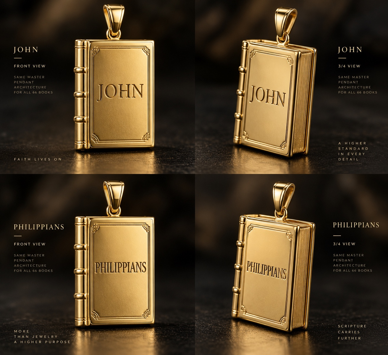 Books of the Bible Jewelry Collection concept showing JOHN and PHILIPPIANS miniature book pendants
