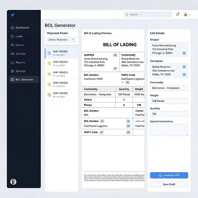 Shipper BOL (Bill of Lading) screen in TMSDASH — Generate a bill of lading from any shipment with AI-assisted field extraction. Pulls commo