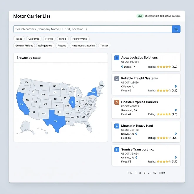 Motor Carrier List screen in TMSDASH — A public, SEO-optimized directory of every FMCSA-registered trucking carrier, broker, and