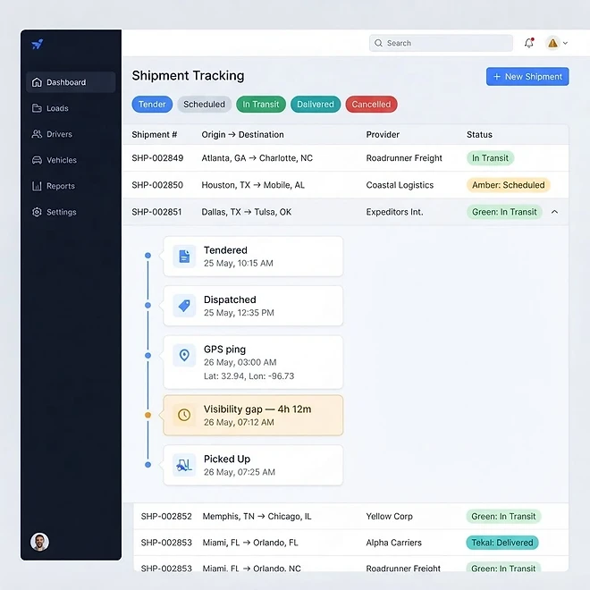 Shipper Shipments screen in TMSDASH — Create and track every outbound shipment — from tender through scheduled, in-transit, and 