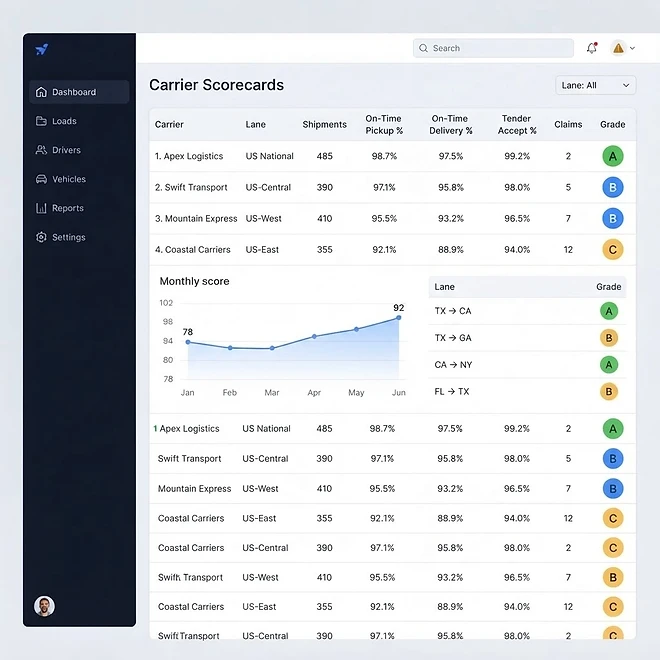 Shipper Scorecards screen in TMSDASH — Carrier performance scorecards that roll up shipment history into an A–F grade per carrier