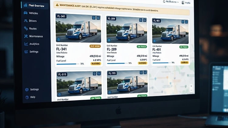 TMSDASH fleet management dashboard with vehicle cards, mileage, fuel level, MPG, and a mileage maintenance alert banner