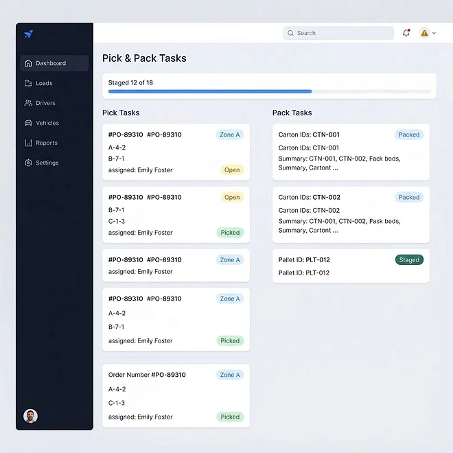 Pick & Pack screen in TMSDASH — Manage warehouse fulfillment tasks for outbound orders. Assign pickers, track pack progres