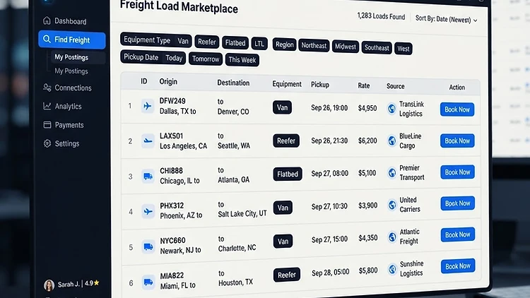 TMSDASH freight load board marketplace with ranked load cards, region and equipment filters, and source badges