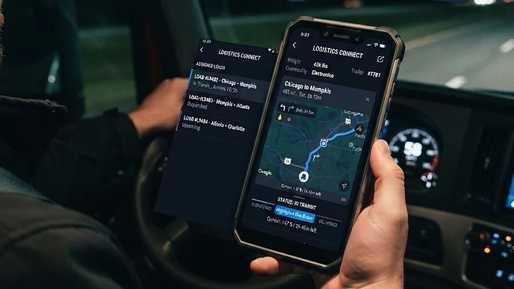 TMSDASH driver mobile app showing assigned loads, a load detail with route map, and 3D turn-by-turn navigation