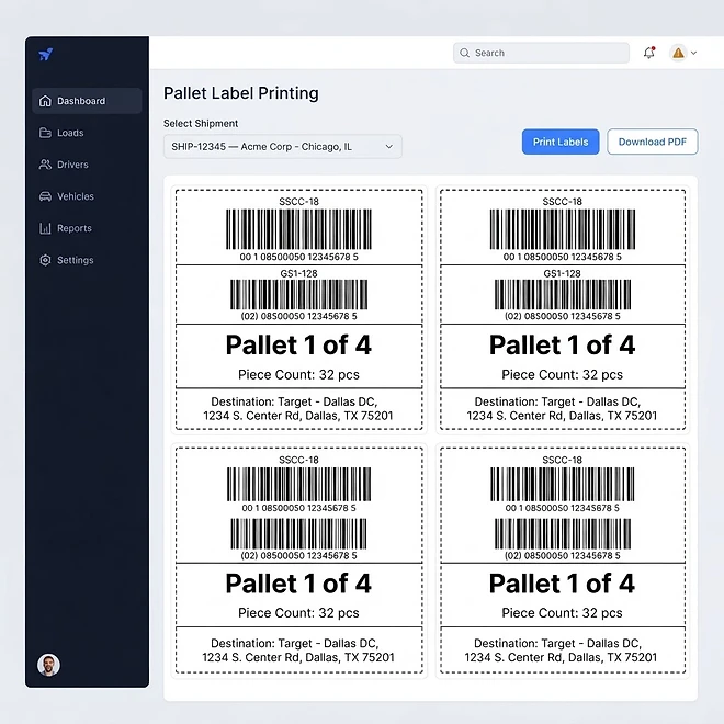 Pallet Labels screen in TMSDASH — Generate and print pallet labels for outbound shipments. Encode GS1-128 / SSCC barcodes, t