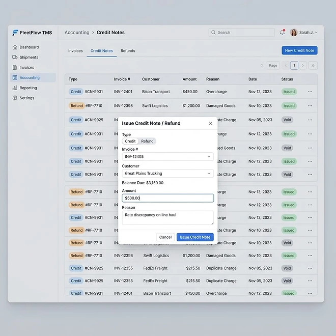 Credit Notes & Refunds screen in TMSDASH — Issue credit notes and refunds against invoices. A credit reduces an outstanding balance;