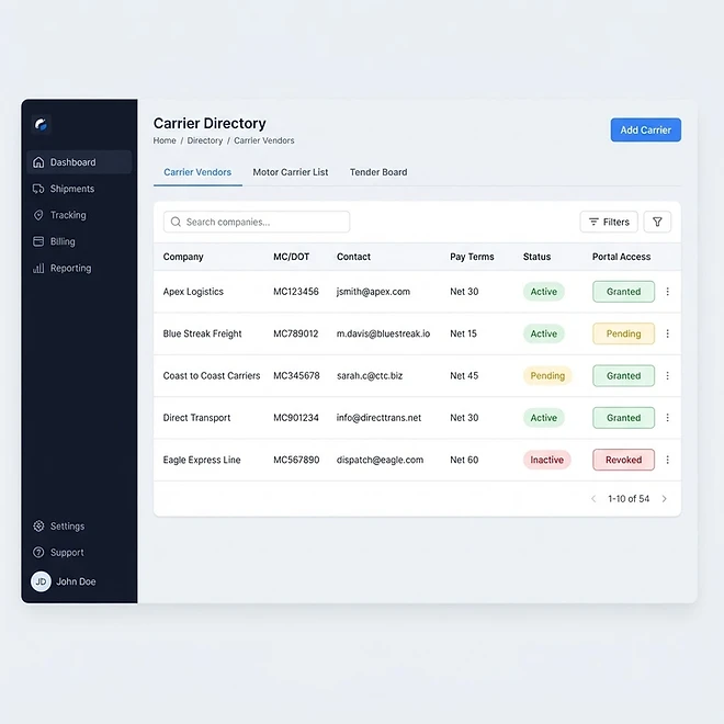 Carrier Directory screen in TMSDASH — A hub for managing carrier relationships and distributing freight, available to both carri