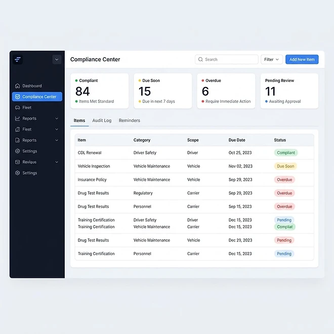 Compliance Center screen in TMSDASH — Track every compliance obligation in one place — HOS, drug & alcohol, medical cards, DOT c