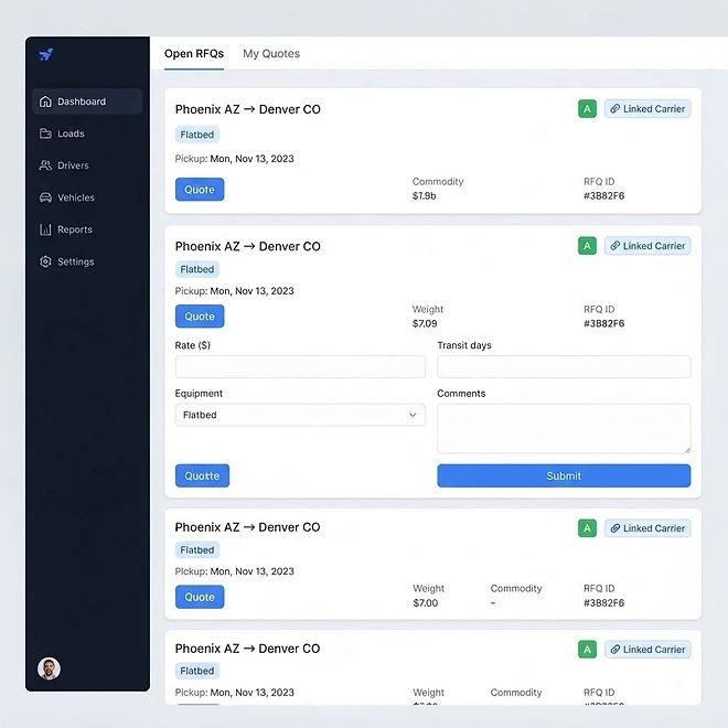 RFQ Marketplace screen in TMSDASH — A cross-workspace marketplace where carriers and brokers discover open shipper RFQs and su