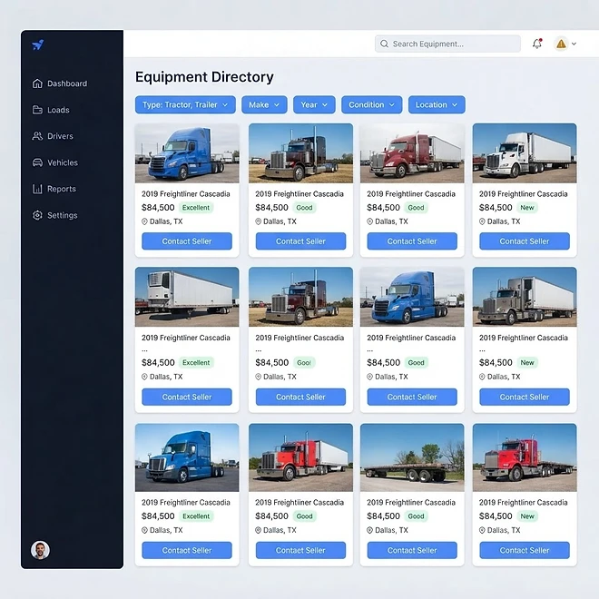 Equipment Directory screen in TMSDASH — A public equipment marketplace where carriers, dealers, and private sellers list tractors,