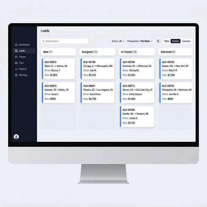 Loads screen in TMSDASH — The Load board is where you create, assign, and track every shipment. It supports three vi