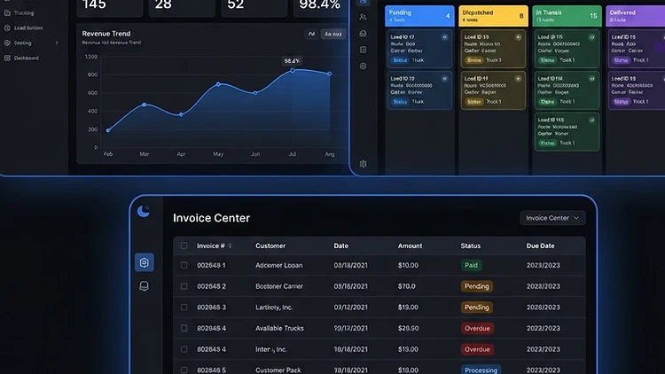 TMSDASH product overview showing the operations dashboard, a load Kanban board, and the invoicing workspace