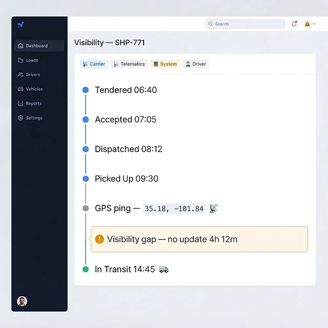Shipment Visibility screen in TMSDASH — Continuous visibility on every in-transit shipment. An hourly sync backfills missing miles