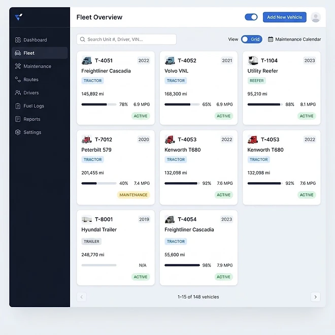 Fleet screen in TMSDASH — Manage every vehicle in your fleet — tractors, trailers, box trucks, vans, flatbeds, and r