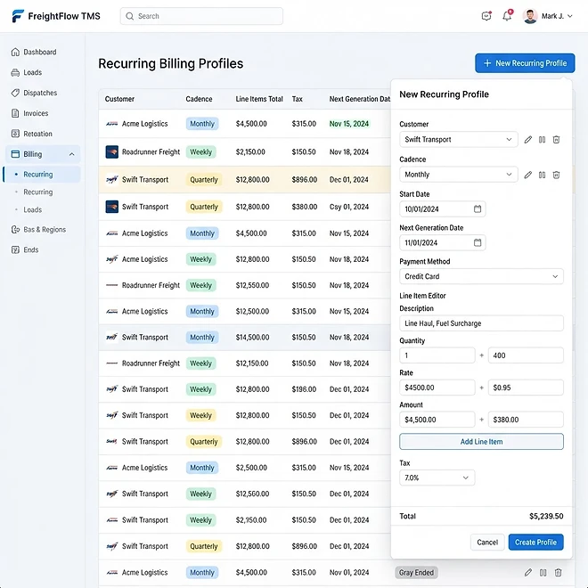 Recurring Invoices screen in TMSDASH — Automate repeat billing with recurring invoice profiles. Define a customer, line items, ta