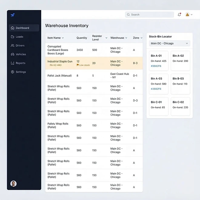 Warehouse Inventory screen in TMSDASH — Manage inventory items, stock bins, and zones across every warehouse. Track quantity on ha