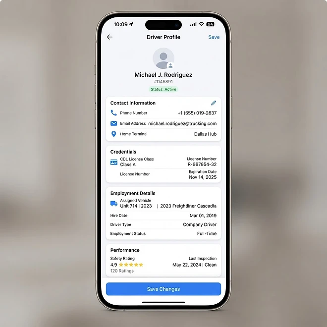 Driver Portal — Profile screen in TMSDASH — Drivers view and edit their profile — contact details, license class and number, and statu
