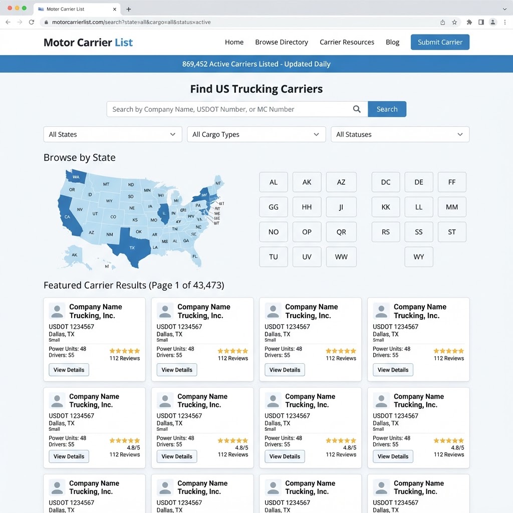 Motor Carrier List public directory showing a US carrier search, state and cargo filters, a browse-by-state map, and carrier result cards with ratings