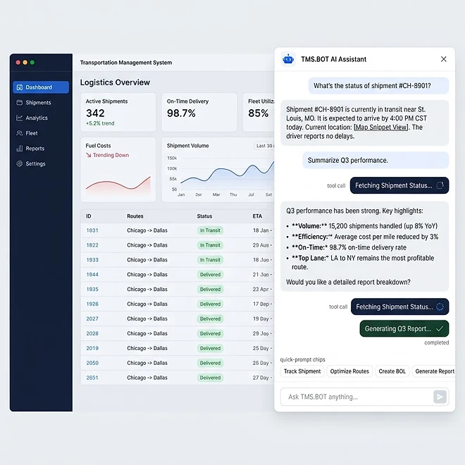 TMS.BOT AI Assistant screen in TMSDASH — An in-app AI assistant that answers operational questions and takes real actions across yo