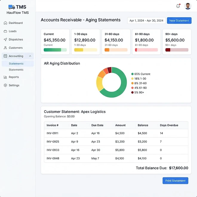 AR Aging Statements screen in TMSDASH — Review accounts receivable aging and print customer statements. Outstanding balances are b