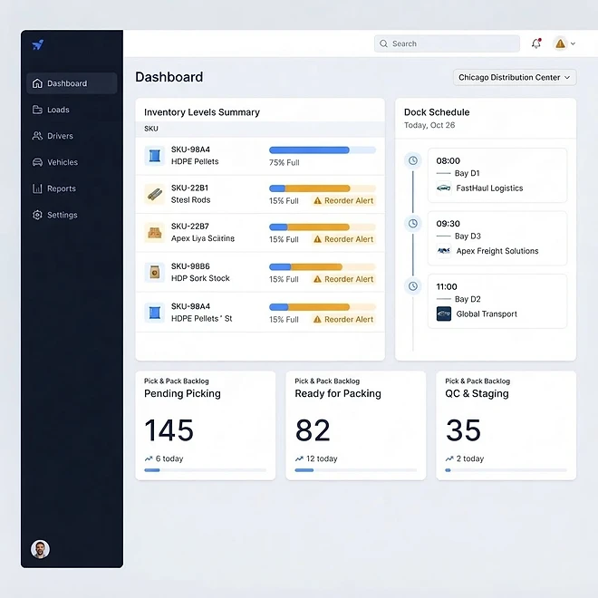 Warehouse Dashboard screen in TMSDASH — A live view of warehouse health for shippers. Inventory levels, dock-appointment throughpu