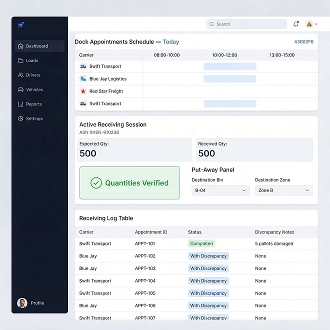 Receiving screen in TMSDASH — Manage inbound receiving. Schedule dock appointments, receive against advance ship notices