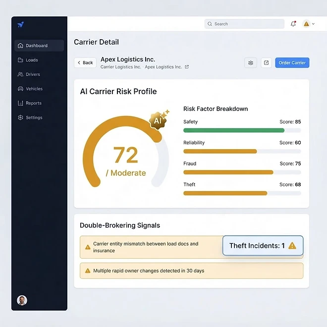 AI Carrier Risk Scoring screen in TMSDASH — AI scores every carrier 0–100 across safety, reliability, fraud, and theft dimensions, the