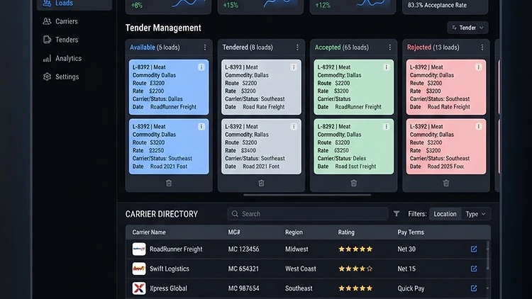 TMSDASH load board marketplace with ranked results, source badges, an open RFQ with carrier quotes, and a bridge-created load