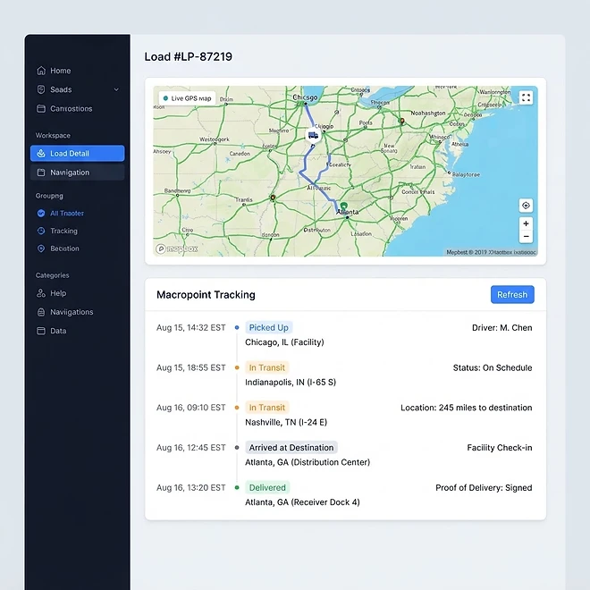 Macropoint Broker Tracking screen in TMSDASH — Third-party load tracking on brokered freight. When you connect your Macropoint account, a