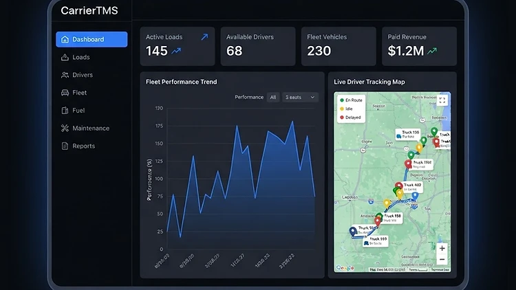 TMSDASH fleet maintenance workspace with vehicle profiles, an upcoming service calendar, and DVIR-driven maintenance alerts