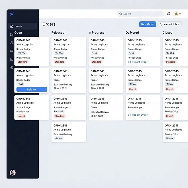 Shipper Orders screen in TMSDASH — Customer orders flow into ShipperTMS from three ingress paths — EDI 204 tenders, email/PDF